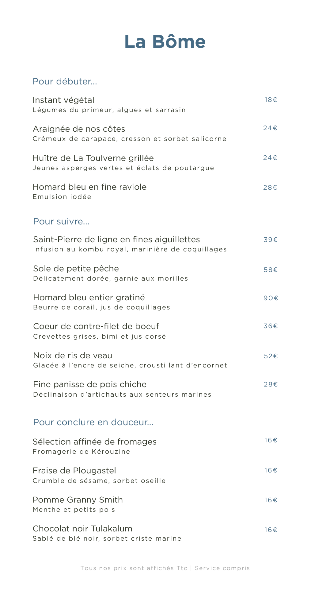 Carte La Bôme - restaurant gastronomique vue mer - Les Vénètes - fruits de mer