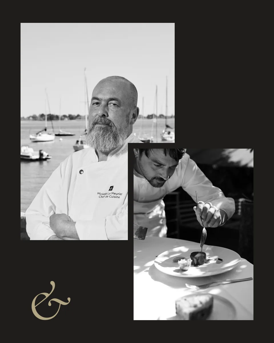 Chef Michael Le Meurlay devant le port d’Arradon et chef Sylvain Grosjean dressant une assiette